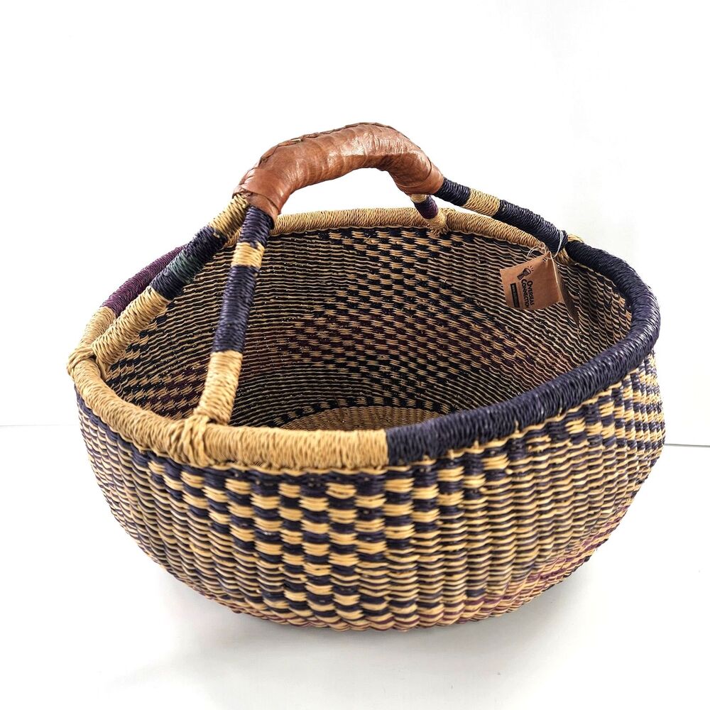 Large‎ Hand Woven Natural African Market Basket Leather Handle 16” Reshapeable